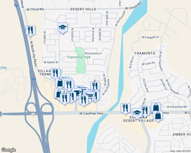 map of restaurants, bars, coffee shops, grocery stores, and more near 3101 West Vía De Pedro Miguel in Phoenix