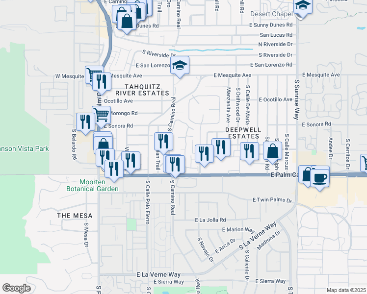 map of restaurants, bars, coffee shops, grocery stores, and more near 1515 Palm Colony in Palm Springs
