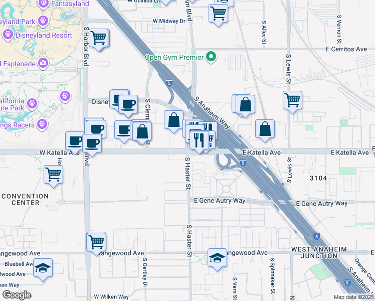 map of restaurants, bars, coffee shops, grocery stores, and more near 121 East Katella Avenue in Anaheim