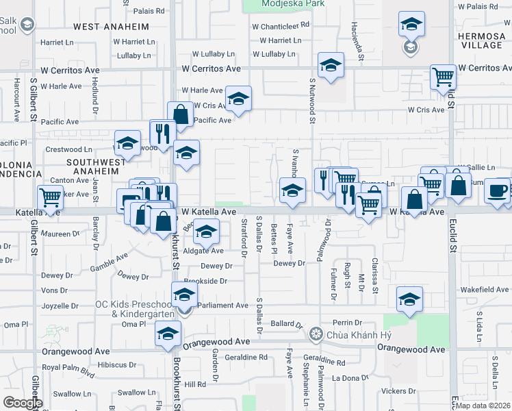 map of restaurants, bars, coffee shops, grocery stores, and more near 2036 West Midwood Lane in Anaheim