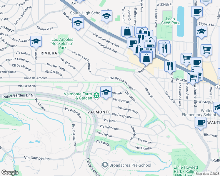 map of restaurants, bars, coffee shops, grocery stores, and more near 3937 Vía Solano in Palos Verdes Estates