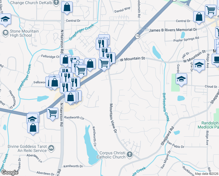 map of restaurants, bars, coffee shops, grocery stores, and more near 872 Mountain View Drive in Stone Mountain