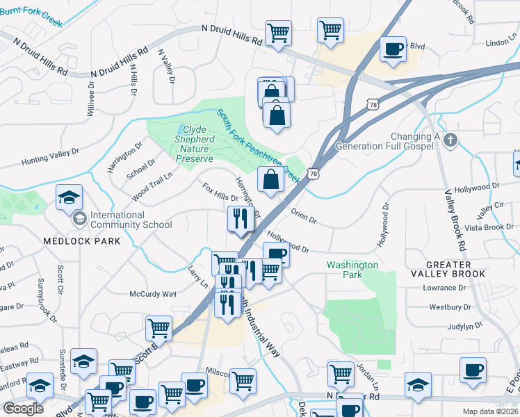 map of restaurants, bars, coffee shops, grocery stores, and more near 2722 Harrington Drive in Decatur