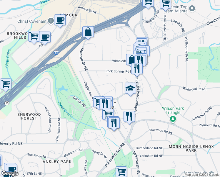 map of restaurants, bars, coffee shops, grocery stores, and more near 772 Piedmont Way Northeast in Atlanta