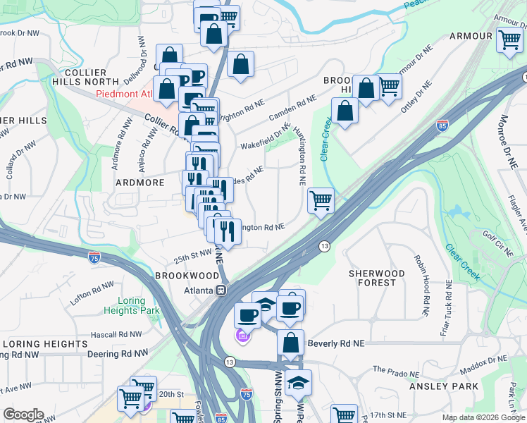 map of restaurants, bars, coffee shops, grocery stores, and more near 21 Northwood Avenue Northeast in Atlanta