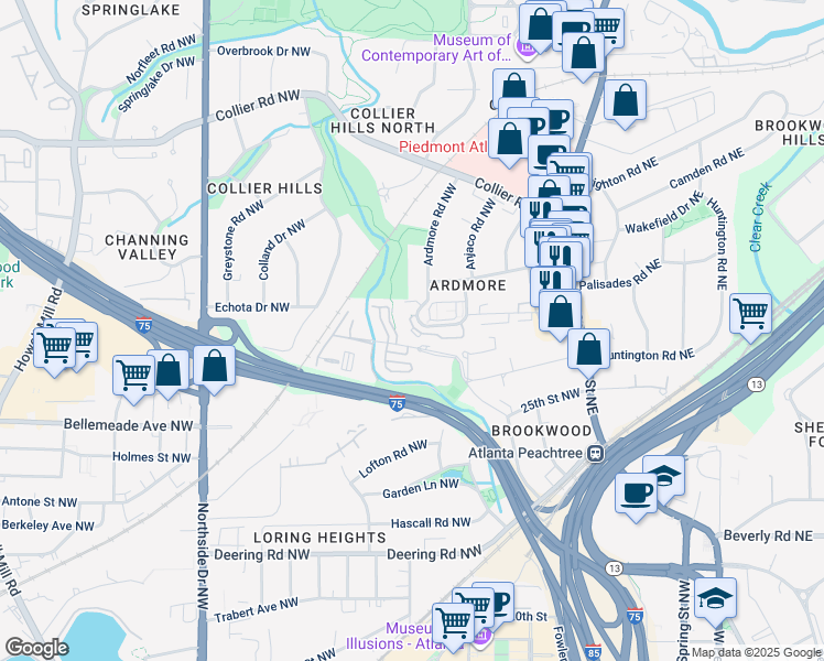 map of restaurants, bars, coffee shops, grocery stores, and more near 342 Ardmore Court Northwest in Atlanta