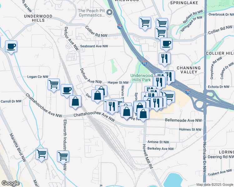 map of restaurants, bars, coffee shops, grocery stores, and more near 1775 Harper Street Northwest in Atlanta
