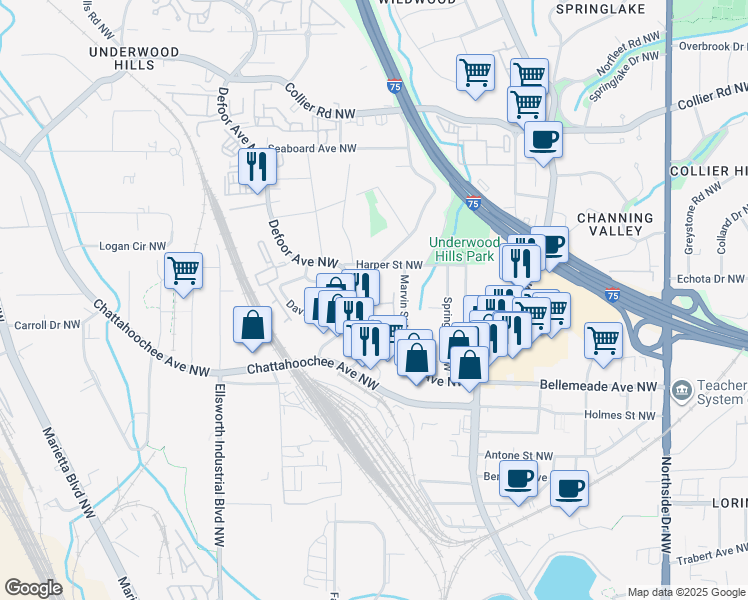 map of restaurants, bars, coffee shops, grocery stores, and more near 1769 Defoor Avenue Northwest in Atlanta