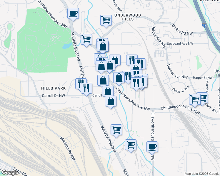 map of restaurants, bars, coffee shops, grocery stores, and more near 1394 Chattahoochee Avenue Northwest in Atlanta