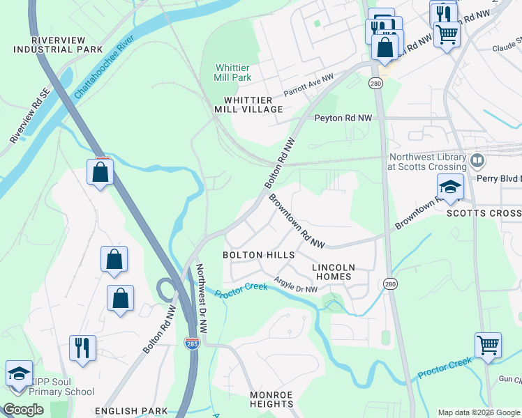 map of restaurants, bars, coffee shops, grocery stores, and more near 1799 Bolton Road Northwest in Atlanta