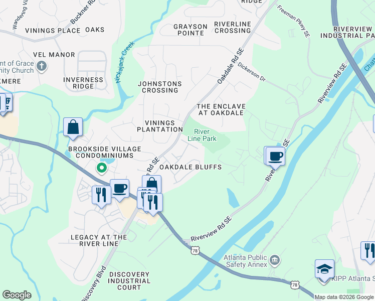 map of restaurants, bars, coffee shops, grocery stores, and more near 1613 Watercress Court Southeast in Mableton