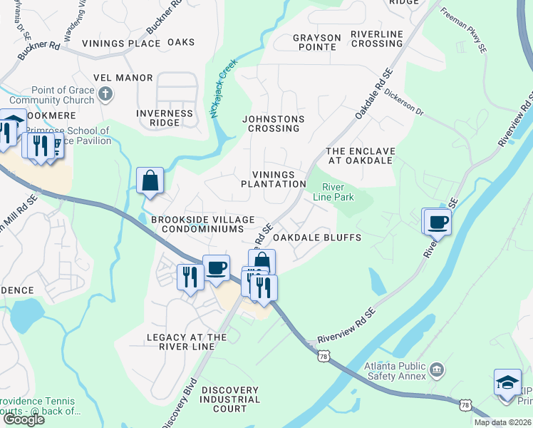map of restaurants, bars, coffee shops, grocery stores, and more near 6223 Oakdale Ridge Court Southeast in Mableton