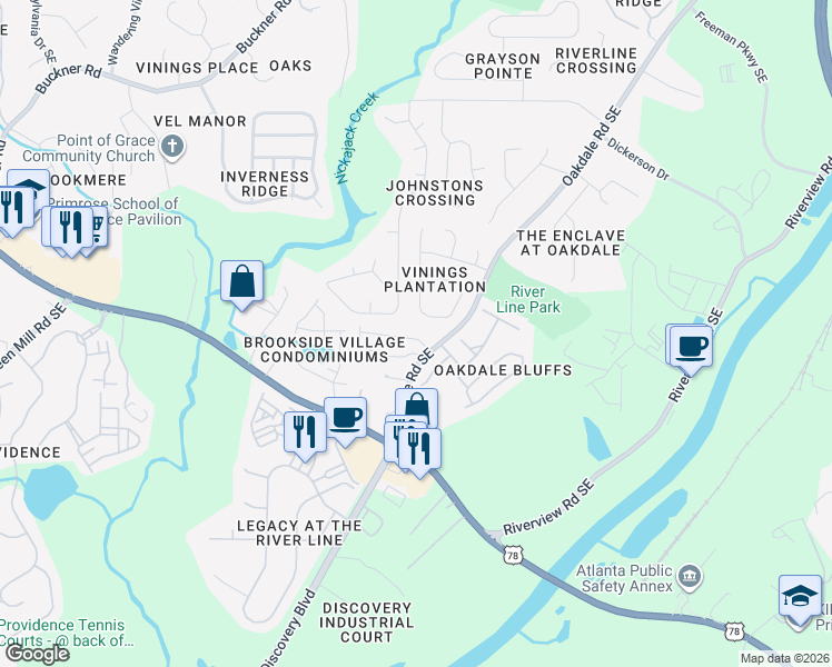 map of restaurants, bars, coffee shops, grocery stores, and more near 6058 Farmwood Way Southeast in Mableton