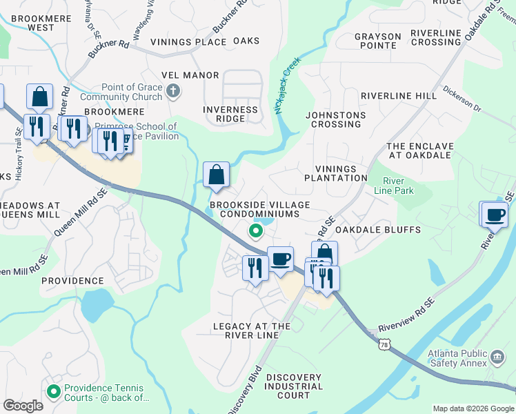 map of restaurants, bars, coffee shops, grocery stores, and more near 400 Brookside Industrial Boulevard in Mableton