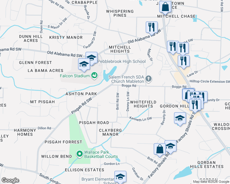 map of restaurants, bars, coffee shops, grocery stores, and more near 821 Boggs Road in Mableton