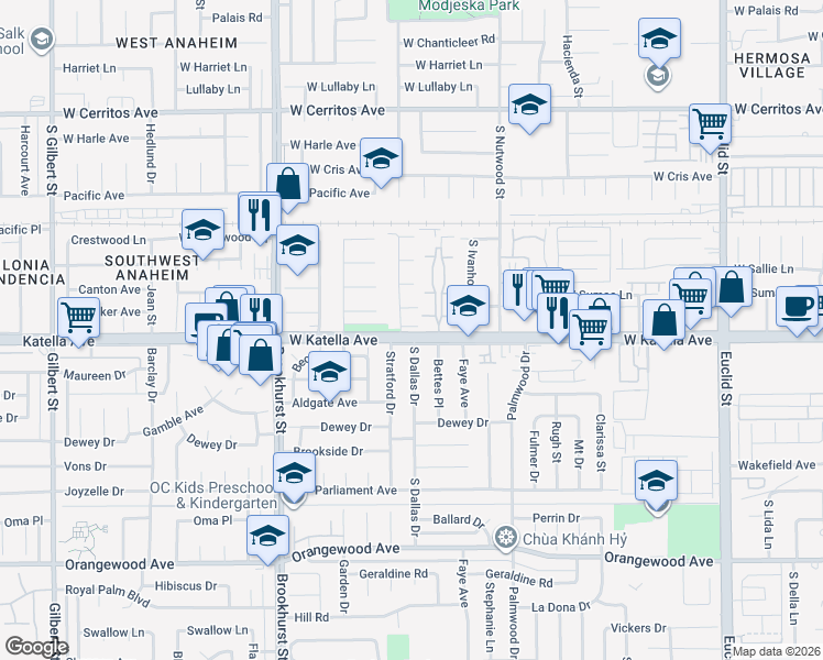 map of restaurants, bars, coffee shops, grocery stores, and more near 1776 South Dallas Drive in Anaheim