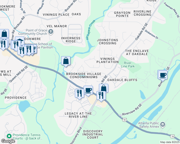 map of restaurants, bars, coffee shops, grocery stores, and more near 6102 Oakdale Ridge Place in Mableton