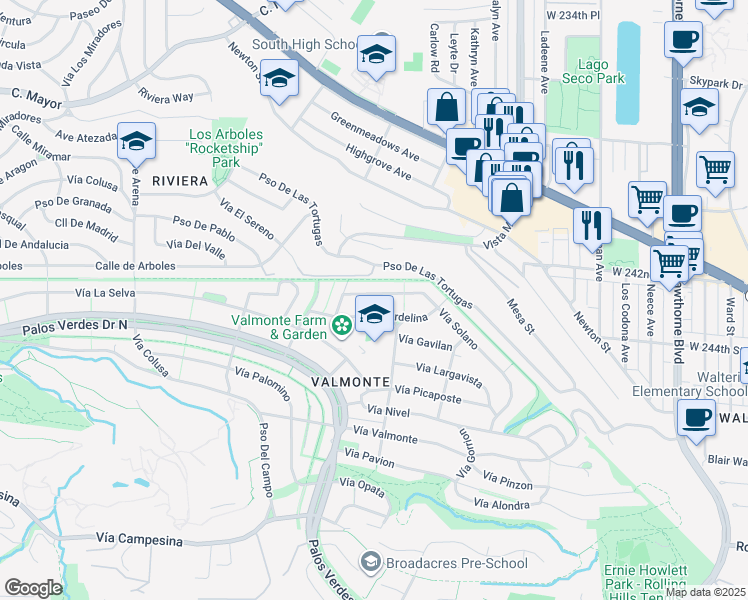 map of restaurants, bars, coffee shops, grocery stores, and more near 3937 Vía Solano in Palos Verdes Estates