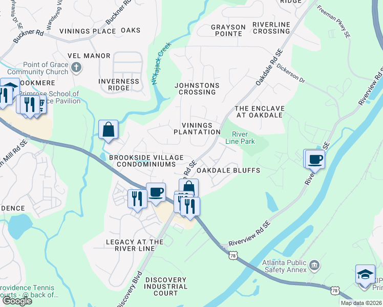 map of restaurants, bars, coffee shops, grocery stores, and more near 6223 Oakdale Ridge Court Southeast in Mableton