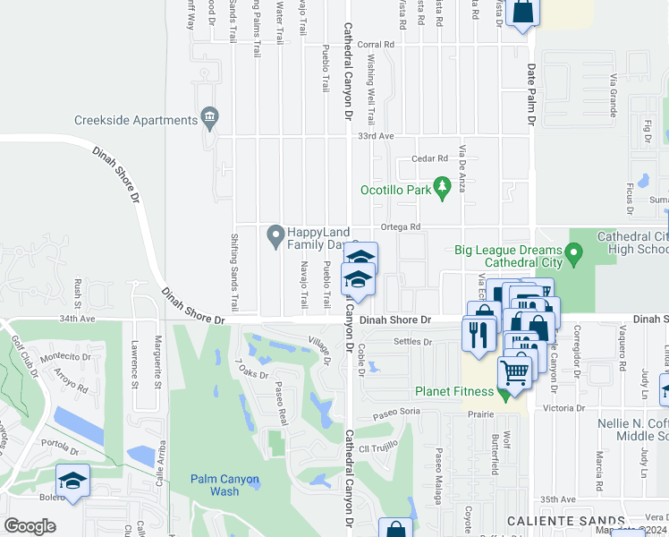 map of restaurants, bars, coffee shops, grocery stores, and more near 33722 Pueblo Trail in Cathedral City