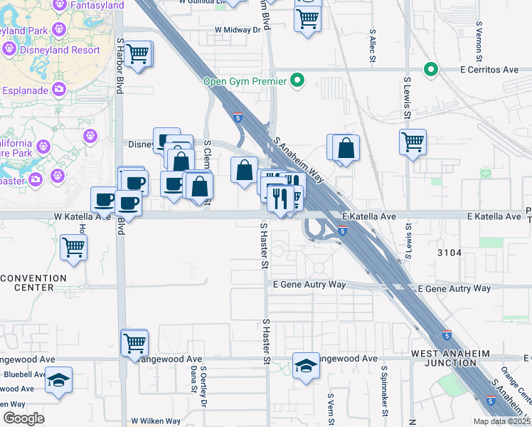 map of restaurants, bars, coffee shops, grocery stores, and more near E Katella Ave & Haster St in Anaheim