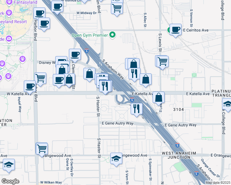 map of restaurants, bars, coffee shops, grocery stores, and more near East Katella Avenue & Manchester Avenue in Anaheim