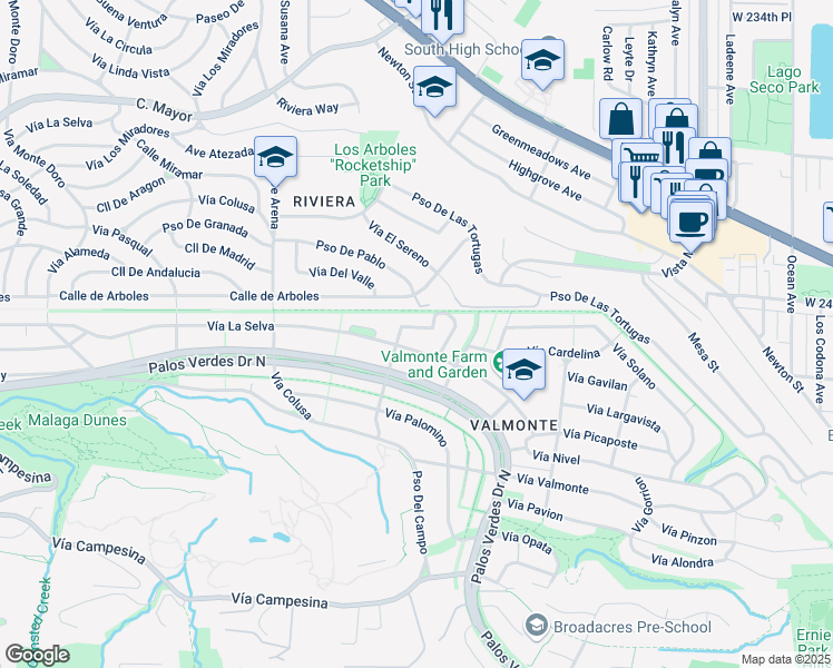 map of restaurants, bars, coffee shops, grocery stores, and more near 3617 Navajo Place in Palos Verdes Estates