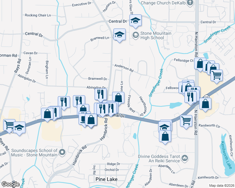 map of restaurants, bars, coffee shops, grocery stores, and more near 4624 Stone Lane in Stone Mountain