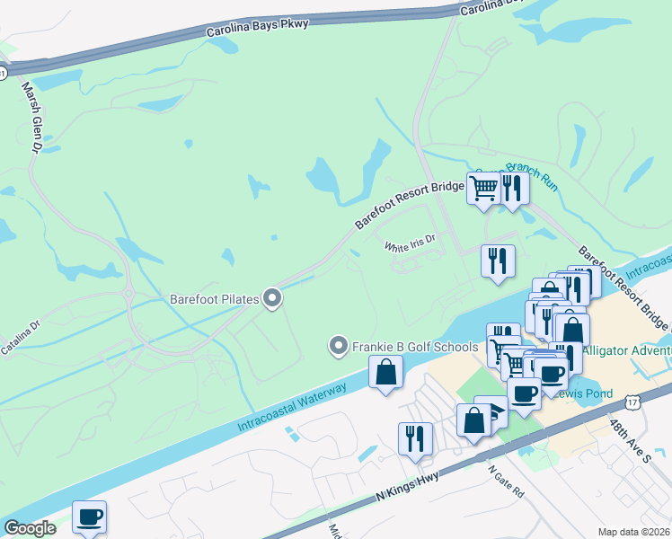 map of restaurants, bars, coffee shops, grocery stores, and more near 5183 Barefoot Resort Bridge Road in North Myrtle Beach