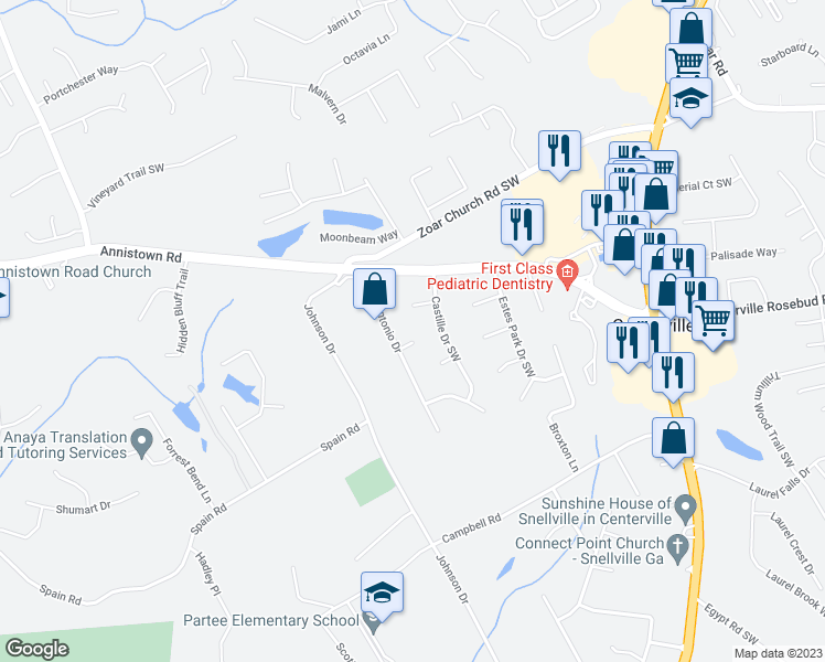 map of restaurants, bars, coffee shops, grocery stores, and more near 4185 Maria Court in Snellville