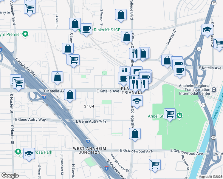 map of restaurants, bars, coffee shops, grocery stores, and more near 1515 East Katella Avenue in Anaheim