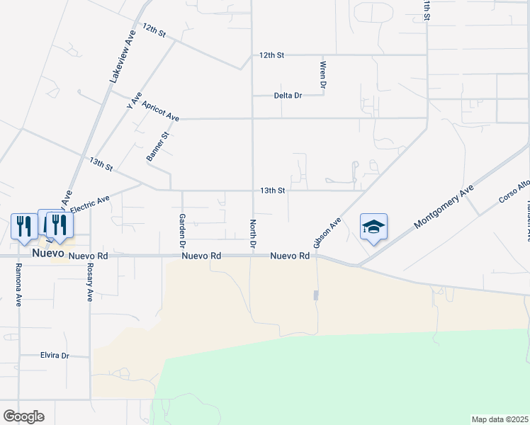 map of restaurants, bars, coffee shops, grocery stores, and more near 21854 North Drive in Nuevo