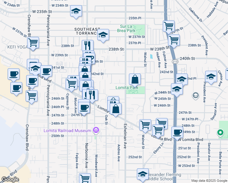 map of restaurants, bars, coffee shops, grocery stores, and more near 2025 Lomita Park Place in Lomita