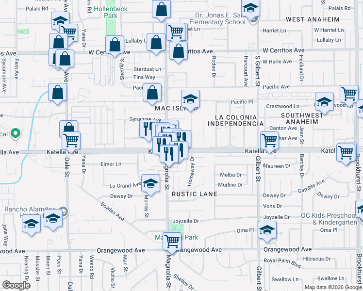 map of restaurants, bars, coffee shops, grocery stores, and more near 9051 Katella Avenue in Anaheim
