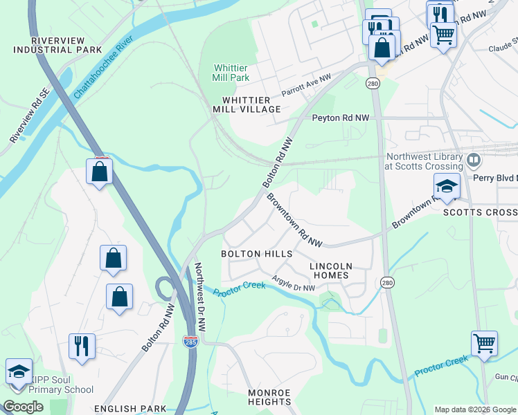 map of restaurants, bars, coffee shops, grocery stores, and more near 1799 Bolton Road Northwest in Atlanta