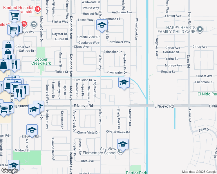 map of restaurants, bars, coffee shops, grocery stores, and more near 1731 Starboard Way in Perris