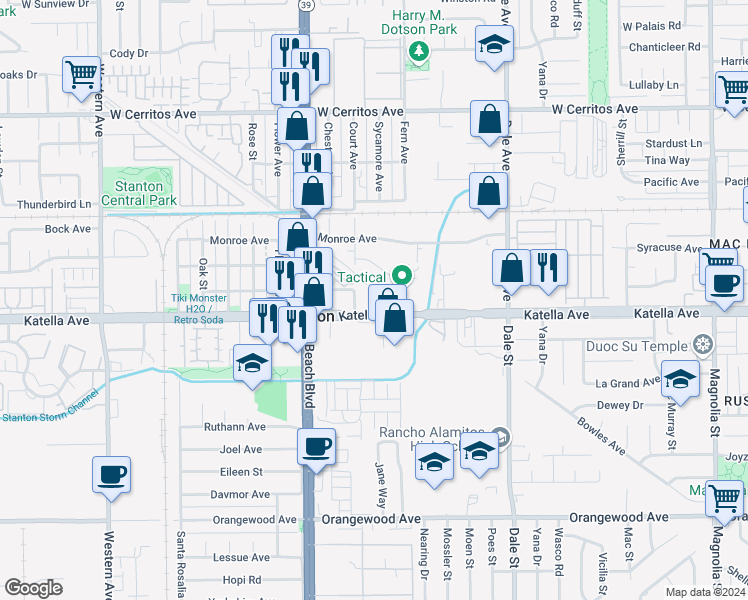map of restaurants, bars, coffee shops, grocery stores, and more near 8141 Katella Avenue in Stanton