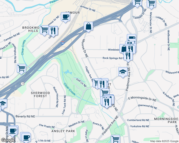map of restaurants, bars, coffee shops, grocery stores, and more near 1781 Flagler Avenue Northeast in Atlanta