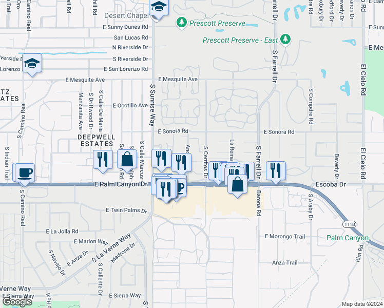 map of restaurants, bars, coffee shops, grocery stores, and more near 1602 Andee Drive in Palm Springs