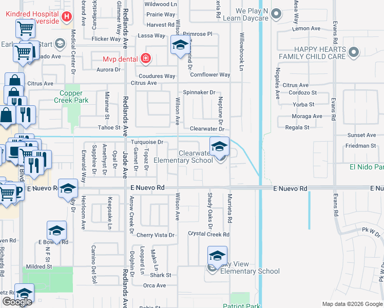 map of restaurants, bars, coffee shops, grocery stores, and more near 1731 Starboard Way in Perris