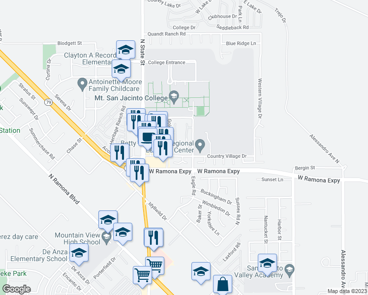 map of restaurants, bars, coffee shops, grocery stores, and more near 1242 Bushy Tail Trail in San Jacinto