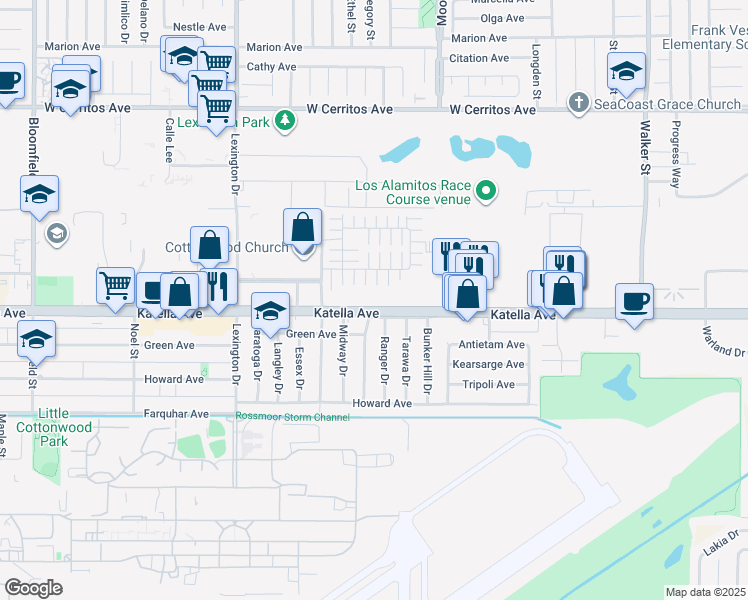 map of restaurants, bars, coffee shops, grocery stores, and more near 4889 Katella Avenue in Cypress