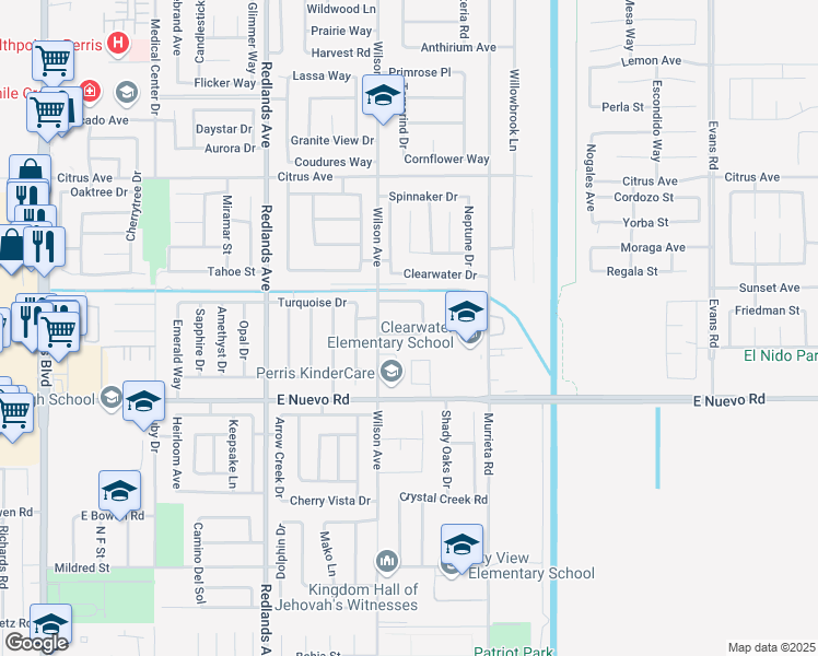map of restaurants, bars, coffee shops, grocery stores, and more near 1731 Starboard Way in Perris