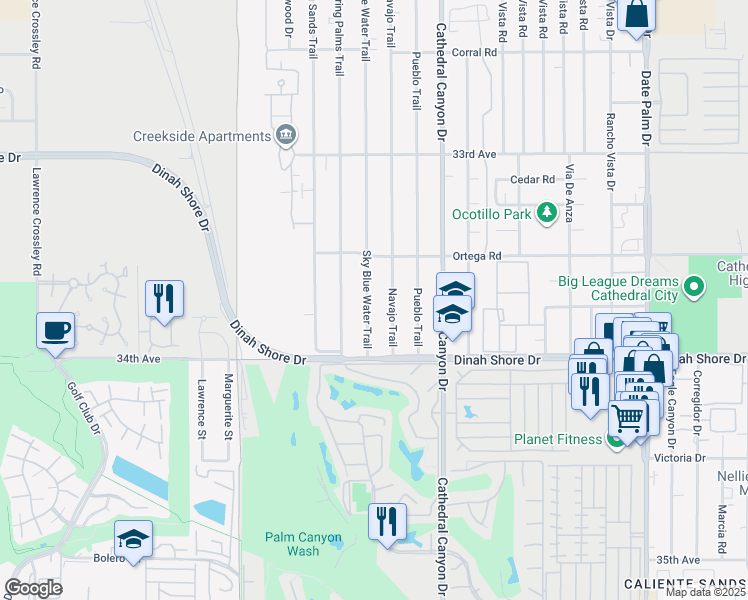 map of restaurants, bars, coffee shops, grocery stores, and more near 33710 Sky Blue Water Trail in Cathedral City