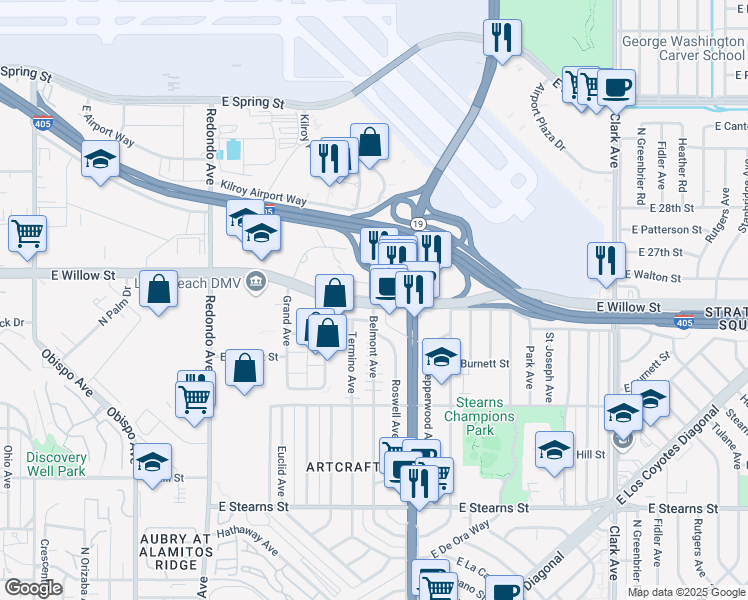 map of restaurants, bars, coffee shops, grocery stores, and more near 4111 East Willow Street in Long Beach