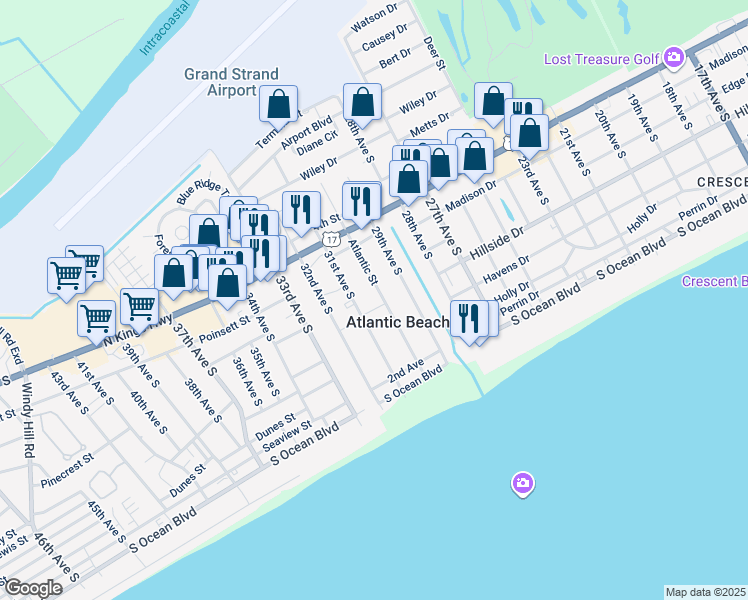 map of restaurants, bars, coffee shops, grocery stores, and more near 603 Atlantic Street in Atlantic Beach