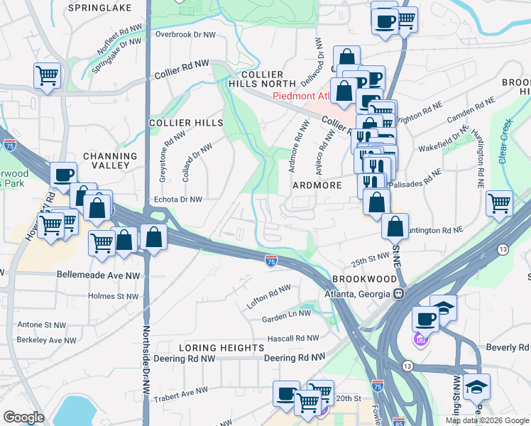 map of restaurants, bars, coffee shops, grocery stores, and more near 9 Ardmore Square Northwest in Atlanta