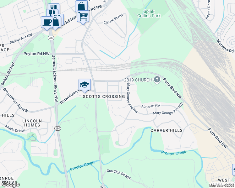 map of restaurants, bars, coffee shops, grocery stores, and more near 2418 Main Street Northwest in Atlanta