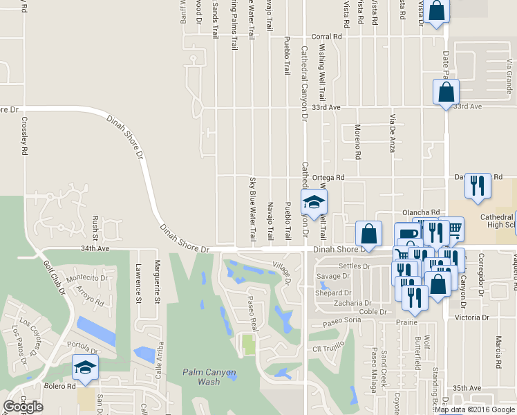 map of restaurants, bars, coffee shops, grocery stores, and more near 33710 Sky Blue Water Trail in Cathedral City
