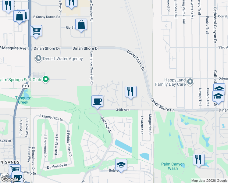 map of restaurants, bars, coffee shops, grocery stores, and more near 6092 Hazeltine Plaza in Palm Springs